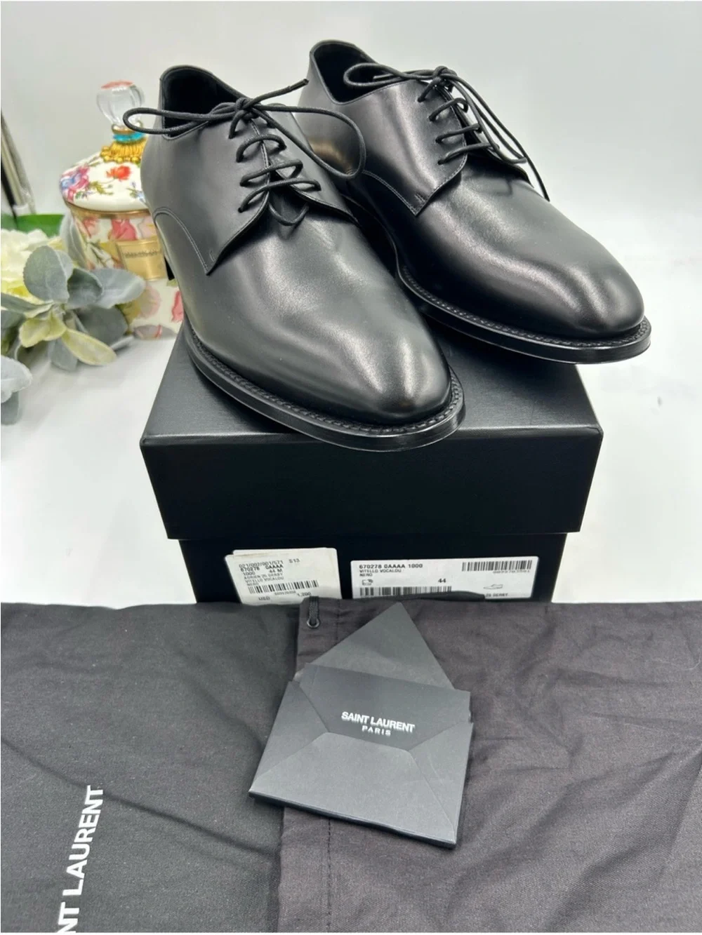 Men’s Saint Laurent ADRIEN Derby shoes in black glazed leather size 44 Italy